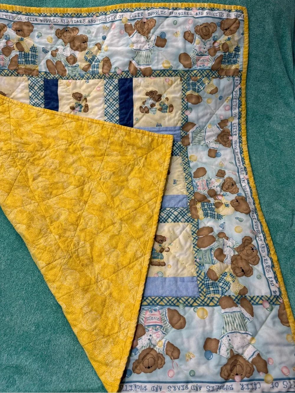 Blue & Yellow Teddy Bear 40” X 40” Quilted Baby Blanket